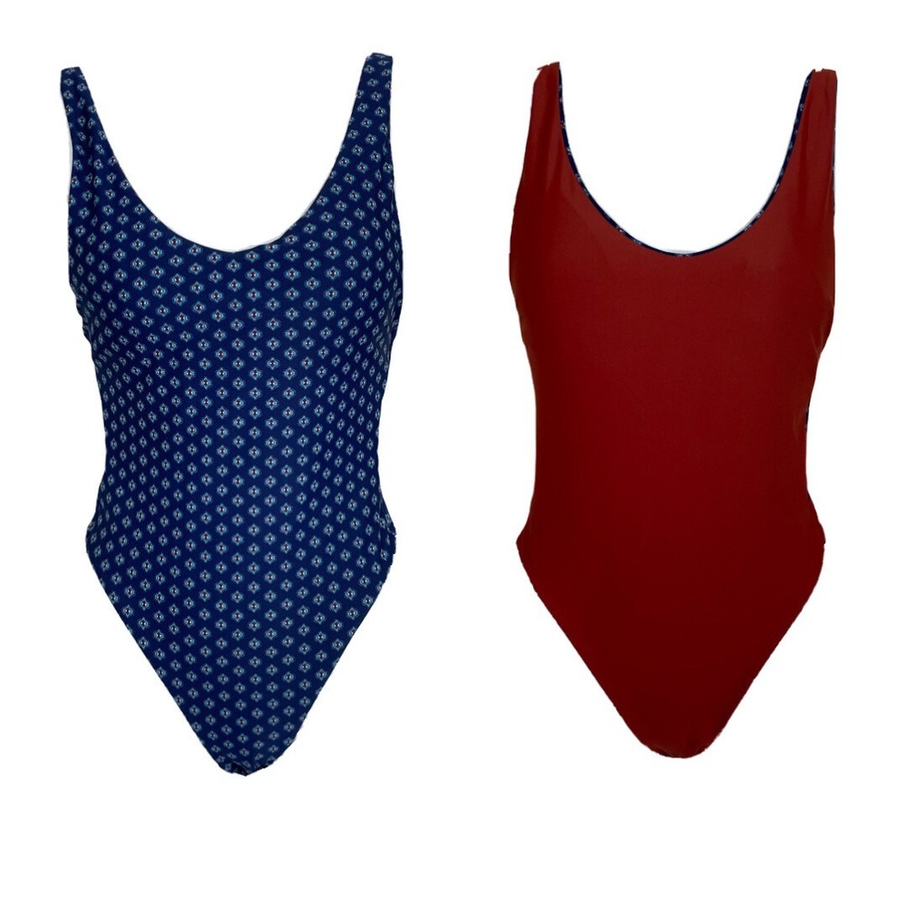 Becca by Rebecca Virtue Reversible One Piece Swimsuit Small Blue Red Cutout